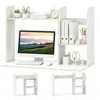 Expandable Desktop Bookshelf Organizer, 26inch-38inch Adjustable Length Countertop Storage Hutch With Anti-Toppling Design, Engineered Wood Desk Shelf For Office Home Decor - White