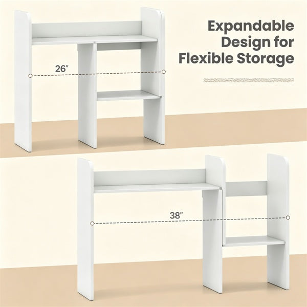 Expandable Desktop Bookshelf Organizer, 26inch-38inch Adjustable Length Countertop Storage Hutch With Anti-Toppling Design, Engineered Wood Desk Shelf For Office Home Decor - White
