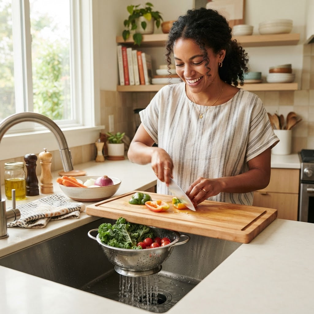 Over-Sink Cutting Board with Collapsible Colander