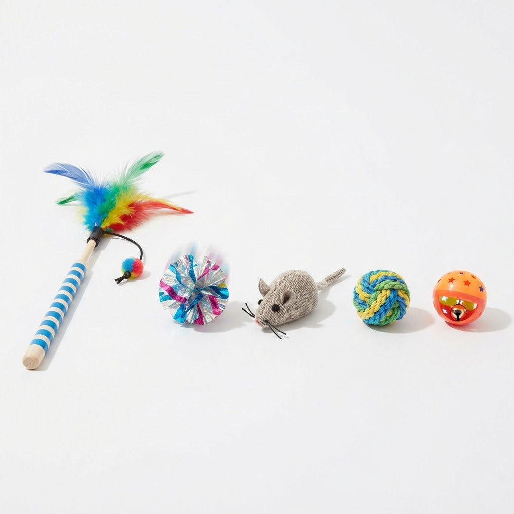 Cat Interactive Toy Set — 5-Piece Wand, Feather & Ball Kit