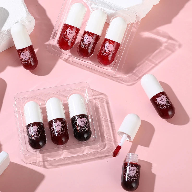 3Pcs/Box Tint Dyeing Liquid Lipstick Set Waterproof Mirror Lip Gloss Water Lip Tint Non-Sticky Lip Eye Cheek Makeup Cosmetic