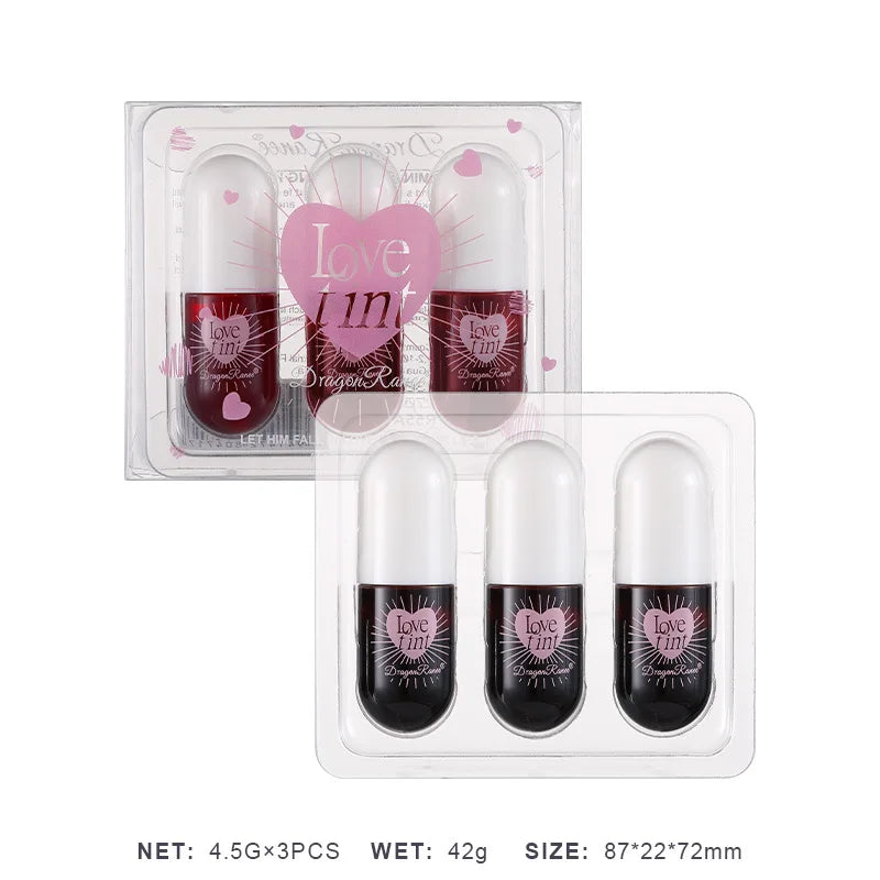 3Pcs/Box Tint Dyeing Liquid Lipstick Set Waterproof Mirror Lip Gloss Water Lip Tint Non-Sticky Lip Eye Cheek Makeup Cosmetic