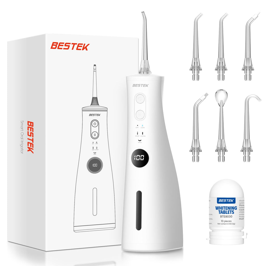 BESTEK Water Dental Flosser Teeth Pick - 5 Modes Rechargable Water Flosser with 10Pcs Whitening Tablets 300ML Tank 6 Jet Tips IPX7 Waterproof Cordless Oral Irrigator for Teeth Gums Braces Care