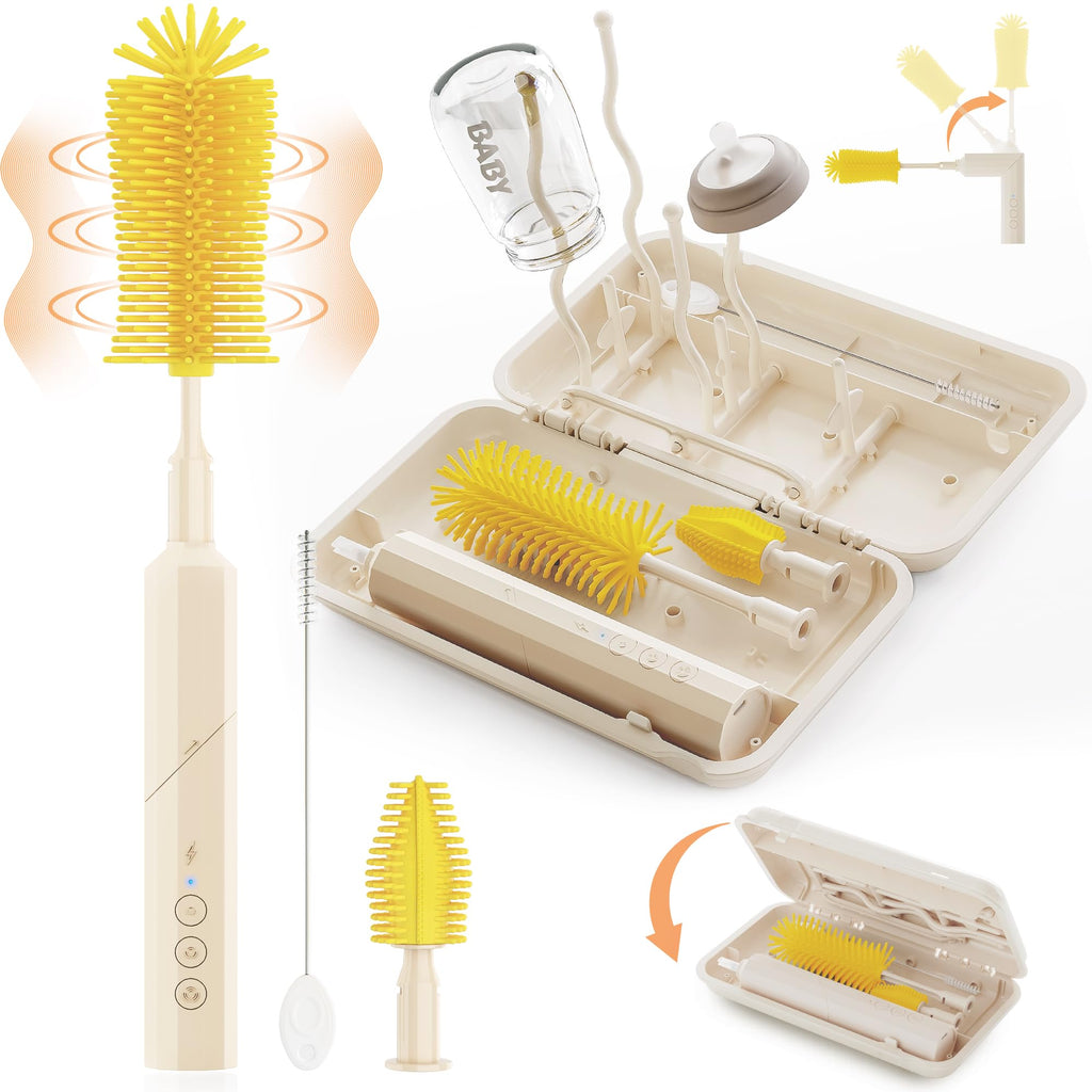 Electric Bottle Brush CleanerBaby Travel Essential Bottle Brush Set6 in 1 Rechargable Folding Brush Set with Silicone Brush Nipple Brush Straw Brush Drying Rack Storage Box