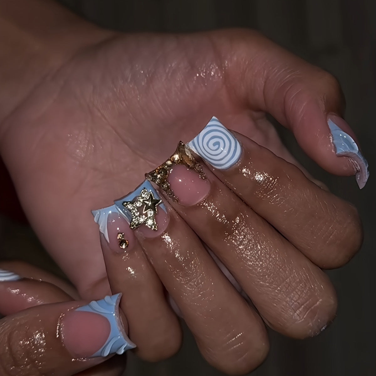 Water-drop Rhinestone-textured Short False Nails