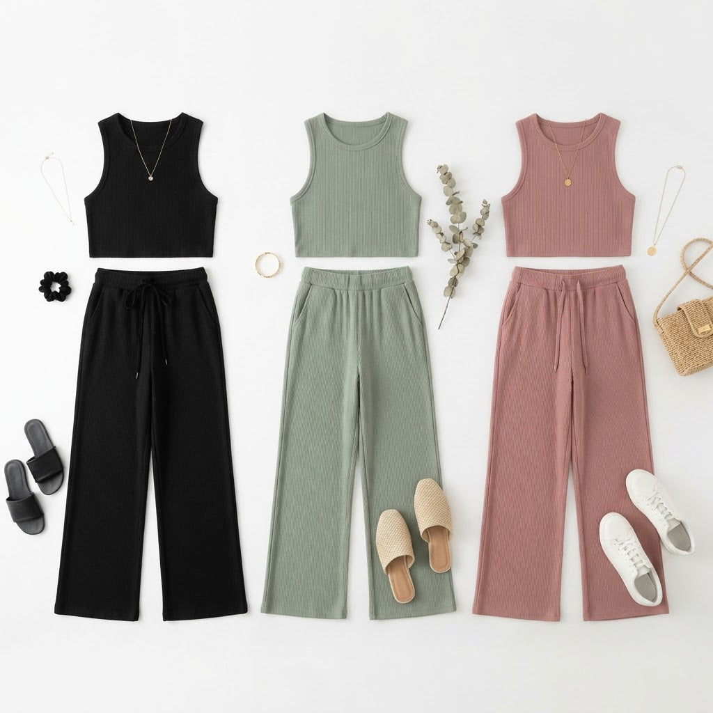 Women's 2-Piece Lounge Set — Soft Ribbed Top & Wide Leg Pants