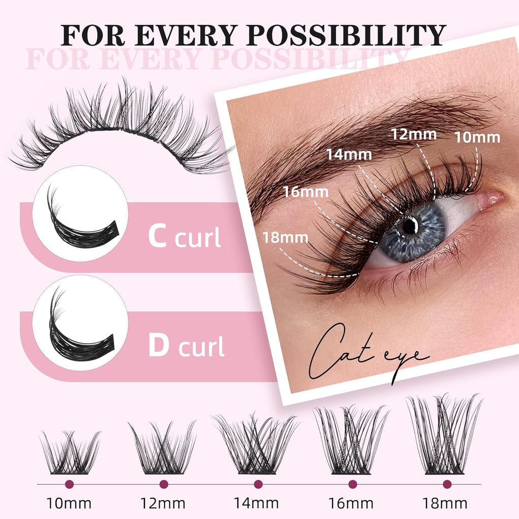 DIY Lash Extension Kit 280pcs Individual Lash Clusters D Curl 30D 40D Thick Volume Eyelash Clusters 0.07D 9-16MM Mixed Length Reusable Soft Natural Look DIY At Home Lash Extensions Makeup Tool Kit