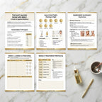 Inside the Anti-Aging Skincare Bible - sample pages showing routines, ingredient guide, and progress tracking