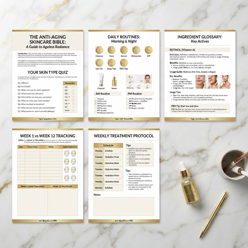 Inside the Anti-Aging Skincare Bible - sample pages showing routines, ingredient guide, and progress tracking
