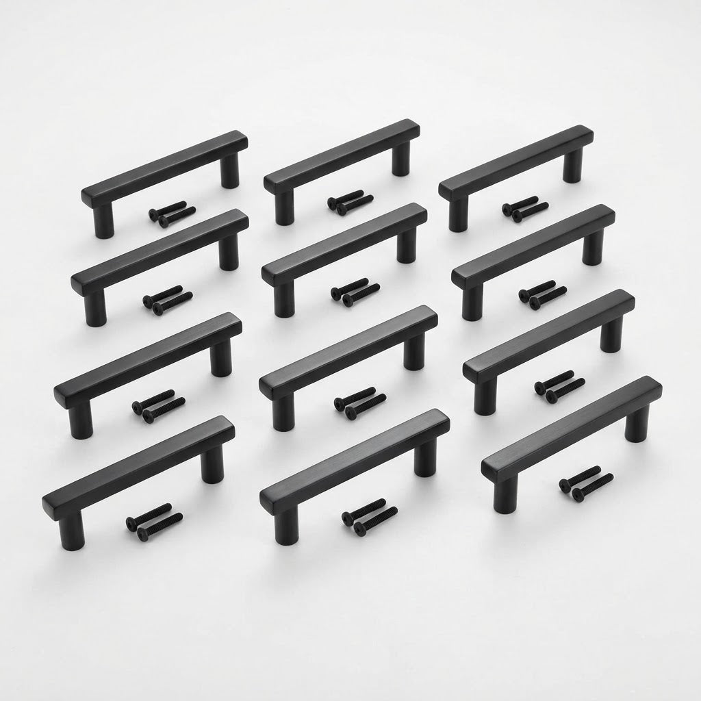 Modern Black Kitchen Cabinet Handles (Set of 12)