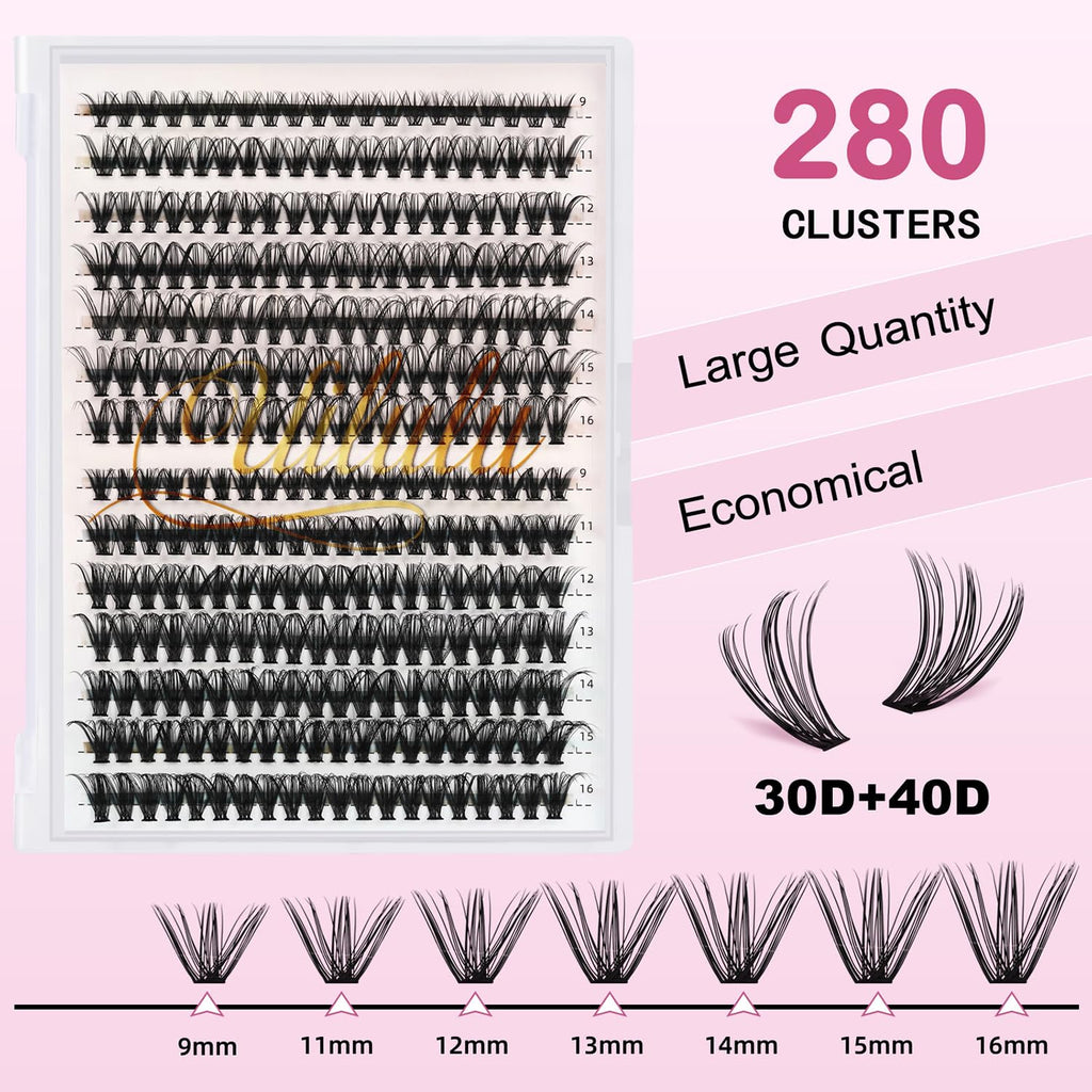 DIY Lash Extension Kit 280pcs Individual Lash Clusters D Curl 30D 40D Thick Volume Eyelash Clusters 0.07D 9-16MM Mixed Length Reusable Soft Natural Look DIY At Home Lash Extensions Makeup Tool Kit
