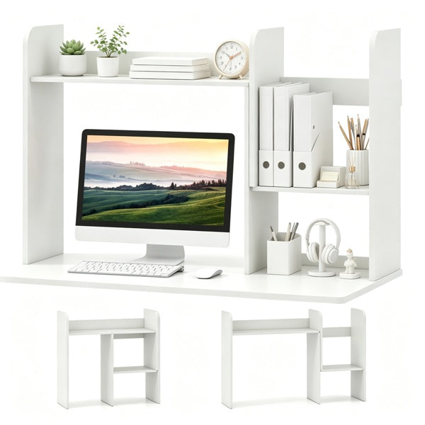 Expandable Desktop Bookshelf Organizer, 26inch-38inch Adjustable Length Countertop Storage Hutch With Anti-Toppling Design, Engineered Wood Desk Shelf For Office Home Decor - White