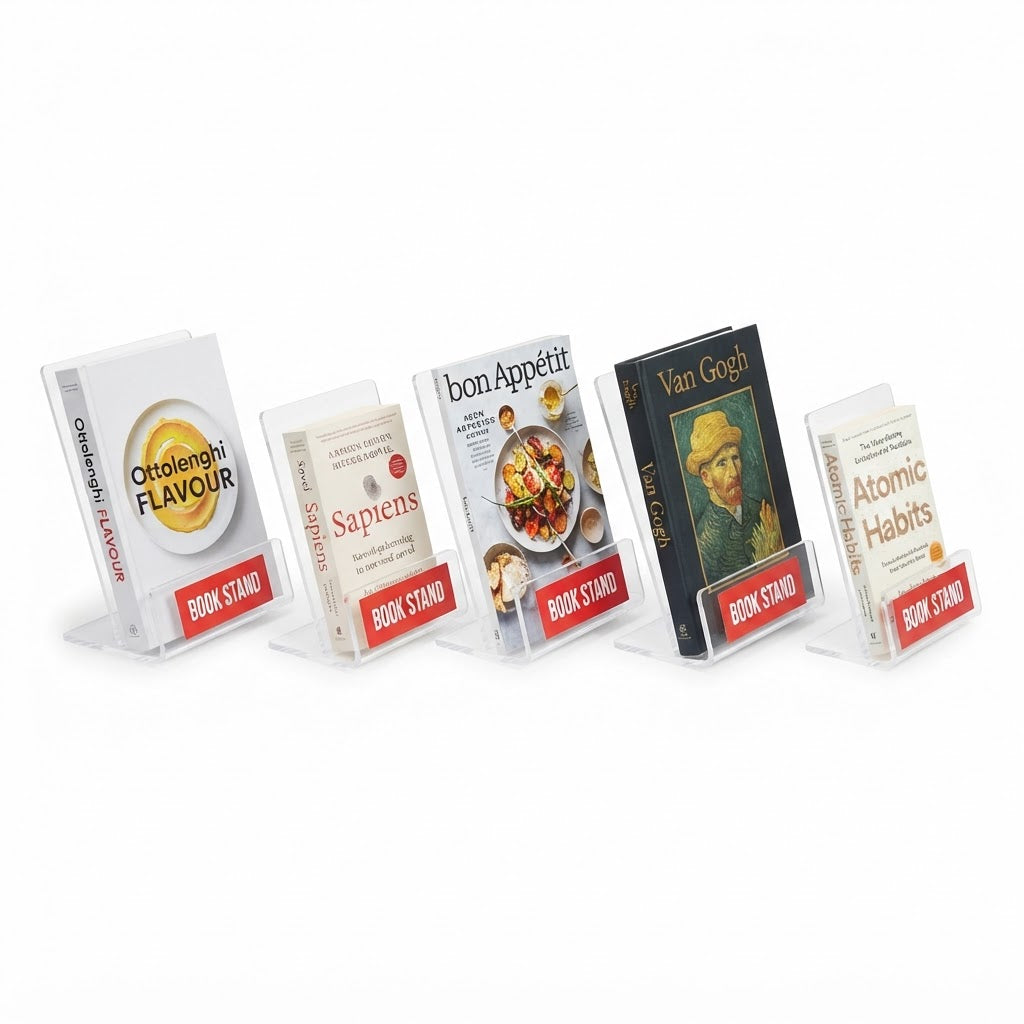 Clear Acrylic Book Stands with Red Labels (Set of 5)