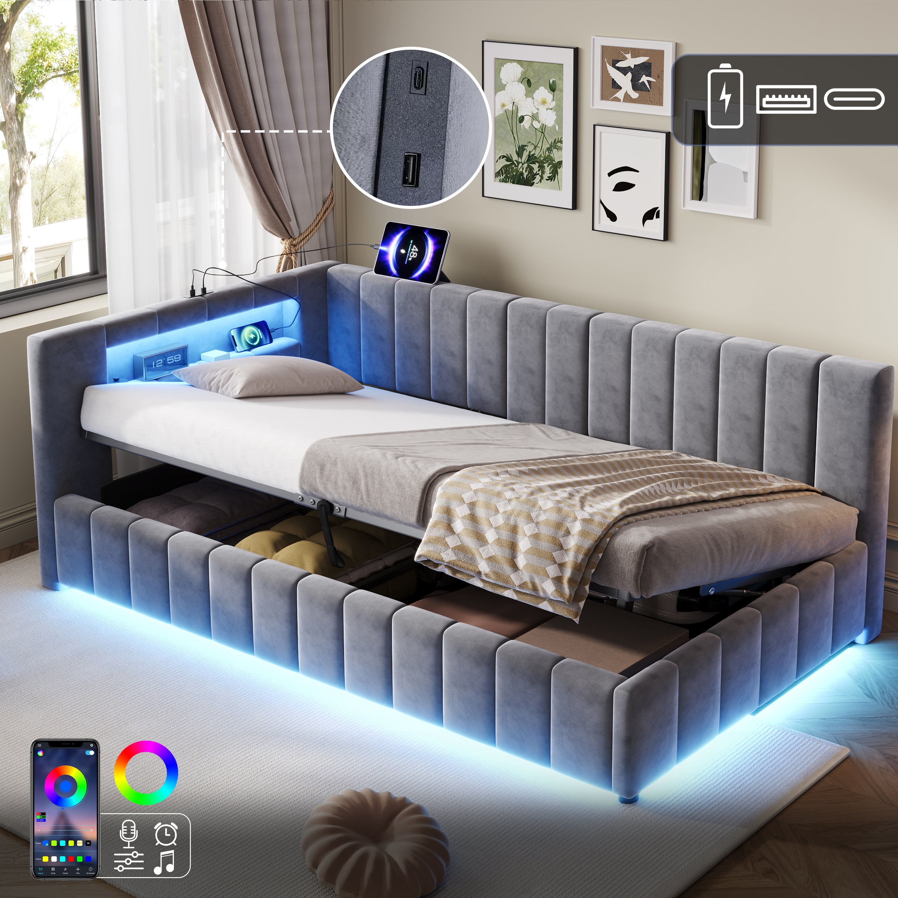 3ft Velvet Hydraulic Storage Bed With RGB LED Lighting