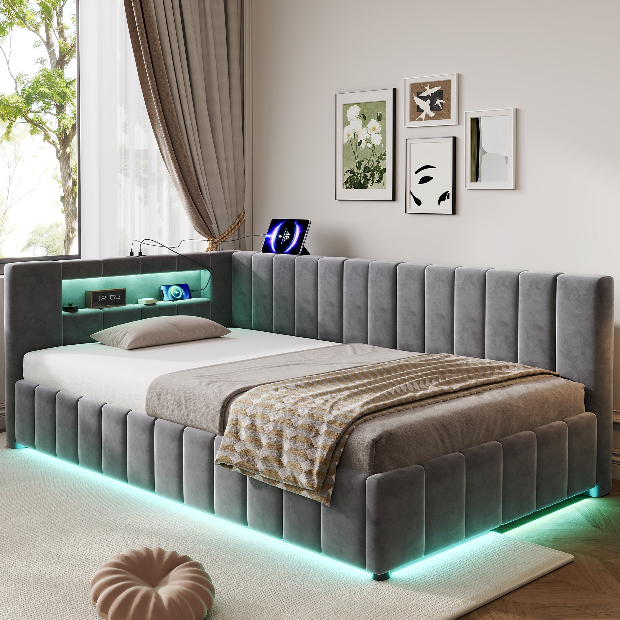 3ft Velvet Hydraulic Storage Bed With RGB LED Lighting