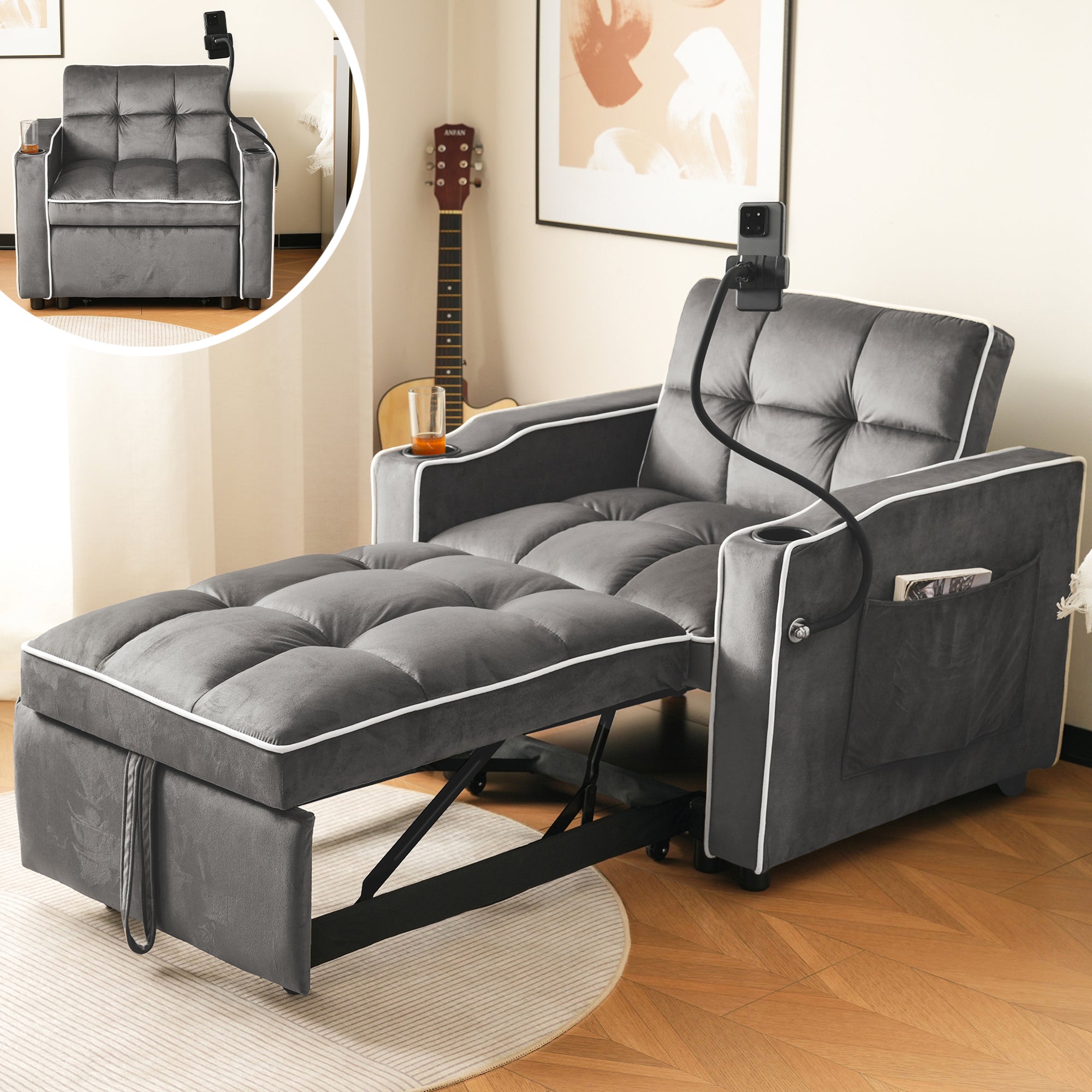 3-in-1 Convertible Sofa Bed With Drink Holders