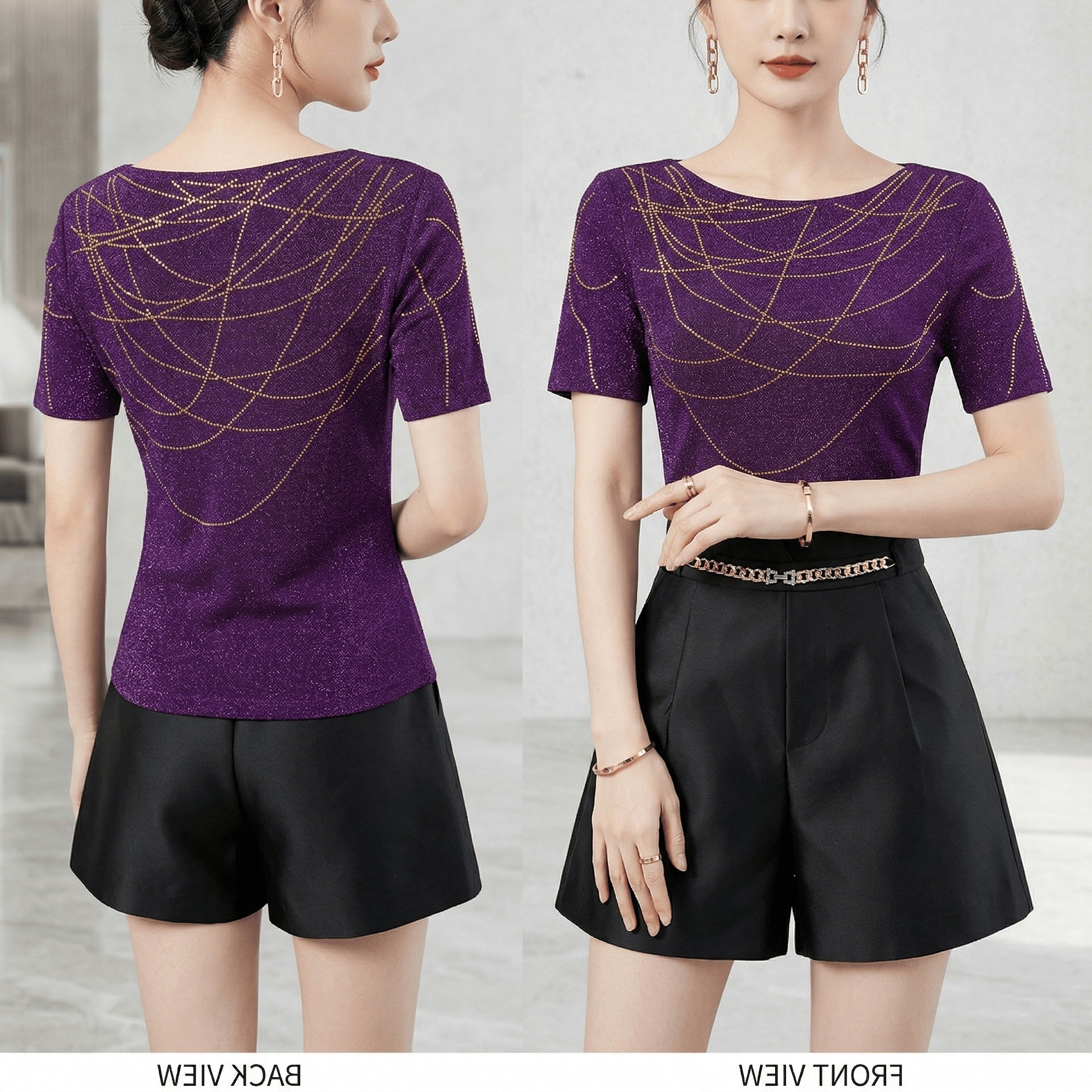Round-neck Sparkly Heat-transfer Rhinestone High-stretch Mesh T-shirt