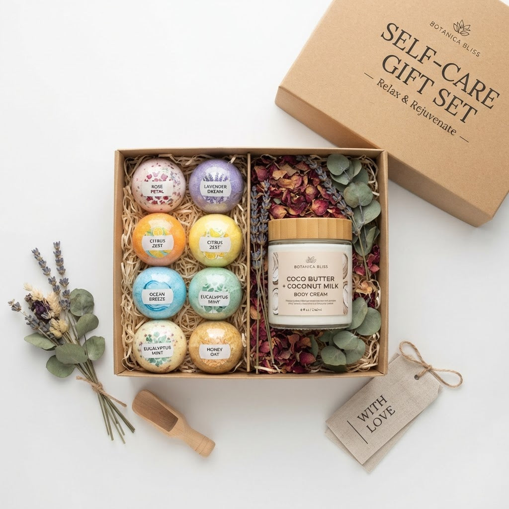 Self-Care Gift Set — Luxury Bath Bomb Gift Set (12 pack) + Organic Coco Butter & Coconut Milk