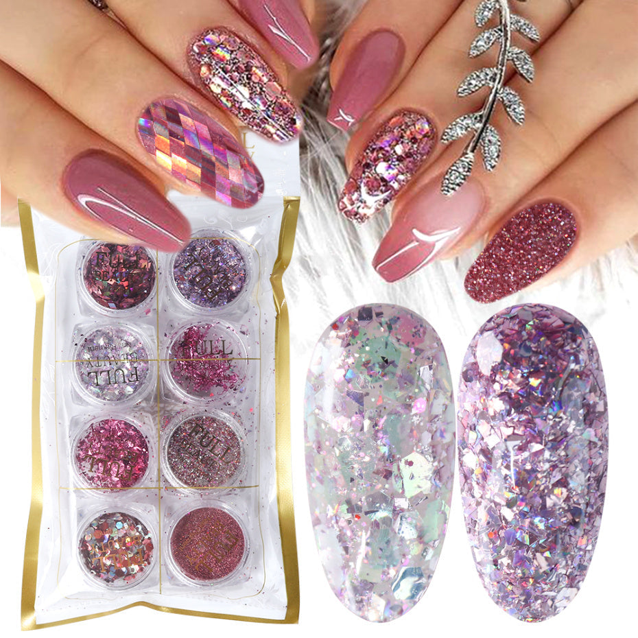 Nail Care Gift Set — Stainless Steel Pointed Cuticle Nip + Nail Cuticle Scissors Stainless Ste + 8 Box Mix Glitter Nail Art Powder F