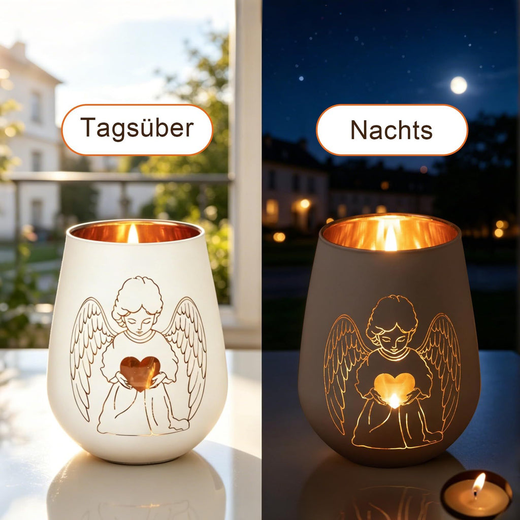 White Tealight Holder – Guardian Angel Design, Glass Lantern For
