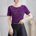 Round-neck Sparkly Heat-transfer Rhinestone High-stretch Mesh T-shirt