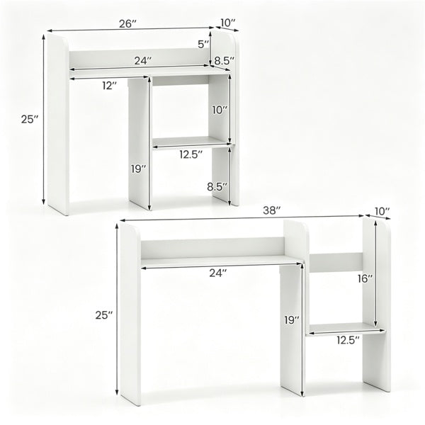 Expandable Desktop Bookshelf Organizer, 26inch-38inch Adjustable Length Countertop Storage Hutch With Anti-Toppling Design, Engineered Wood Desk Shelf For Office Home Decor - White