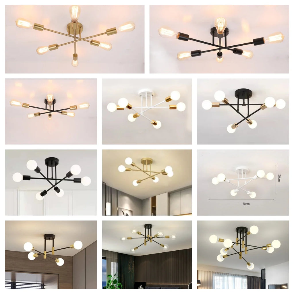 Dropshipping Modern Sputnik Chandelier Nordic Semi Flush Mount Ceiling Lamp Brushed Antique Gold Home Decor Lighting Fixture
