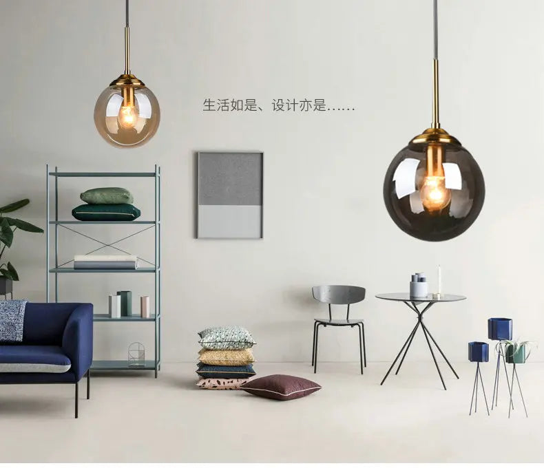 Amber Smoke Gray Clear Glass Pendant Lamp LED Hanging Light for Dining Room Table Kicthen Island Bedroom Bedside Lighting