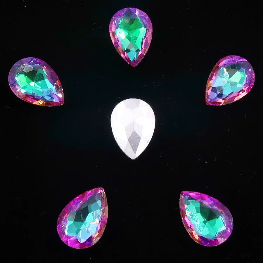 Glass Crystal Water Drop Shape 3 Sizes Rainbow & Jelly Candy AB Colors Point Back Glue On Rhinestone Beads Applique DIY Trim