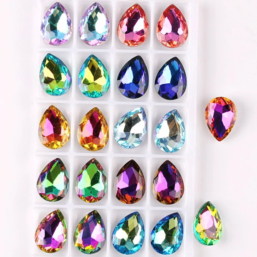 Glass Crystal Water Drop Shape 3 Sizes Rainbow & Jelly Candy AB Colors Point Back Glue On Rhinestone Beads Applique DIY Trim