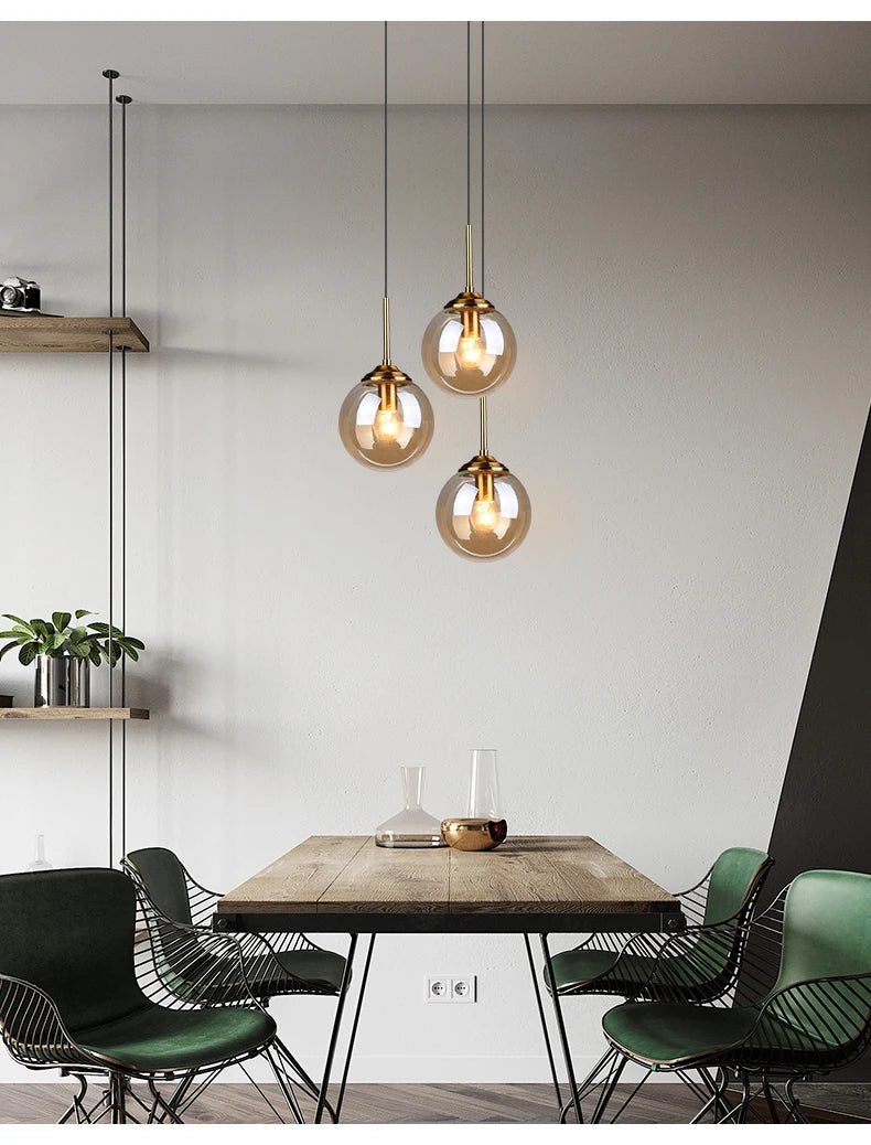 Amber Smoke Gray Clear Glass Pendant Lamp LED Hanging Light for Dining Room Table Kicthen Island Bedroom Bedside Lighting