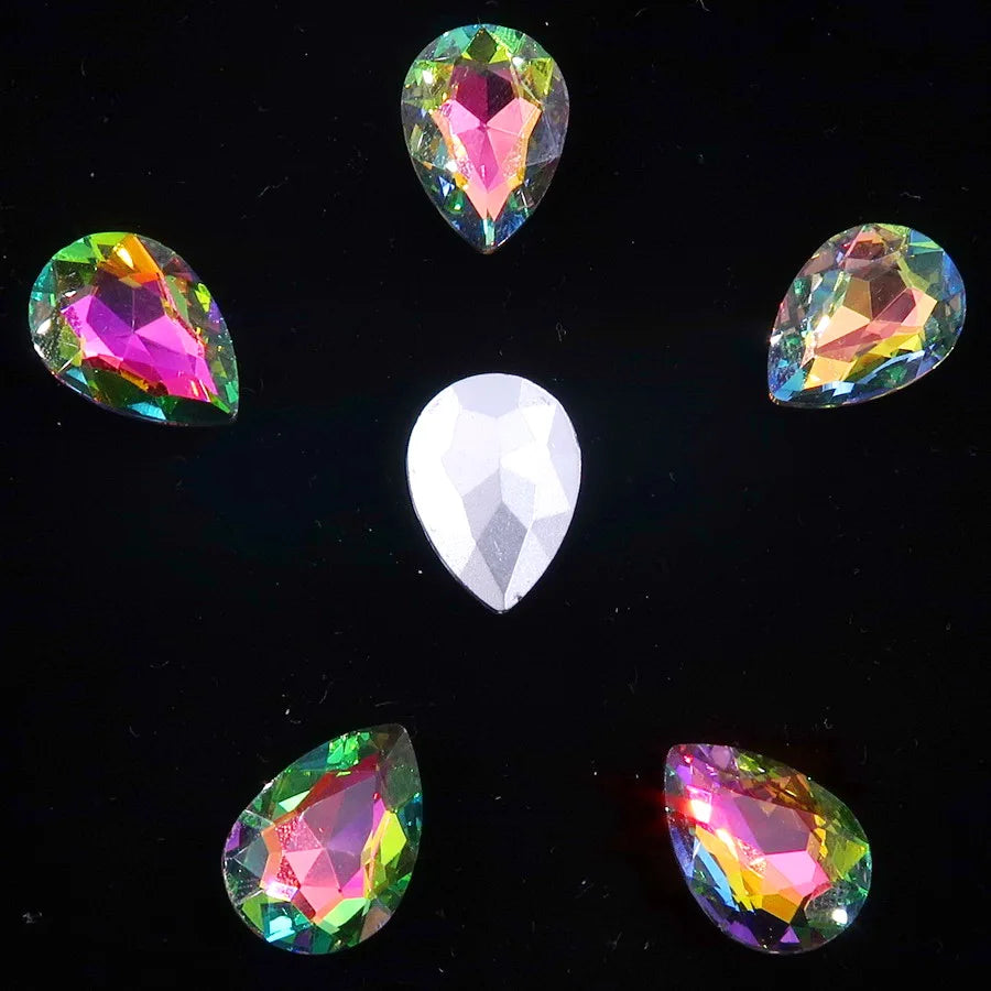 Glass Crystal Water Drop Shape 3 Sizes Rainbow & Jelly Candy AB Colors Point Back Glue On Rhinestone Beads Applique DIY Trim