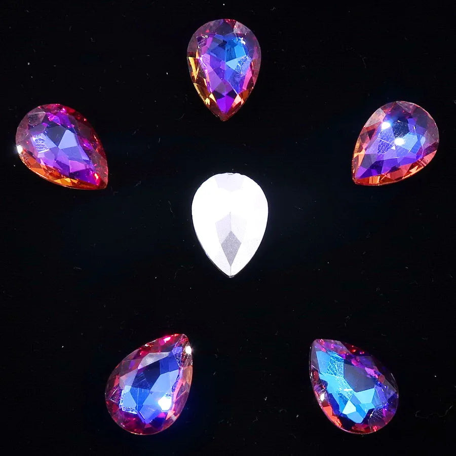 Glass Crystal Water Drop Shape 3 Sizes Rainbow & Jelly Candy AB Colors Point Back Glue On Rhinestone Beads Applique DIY Trim
