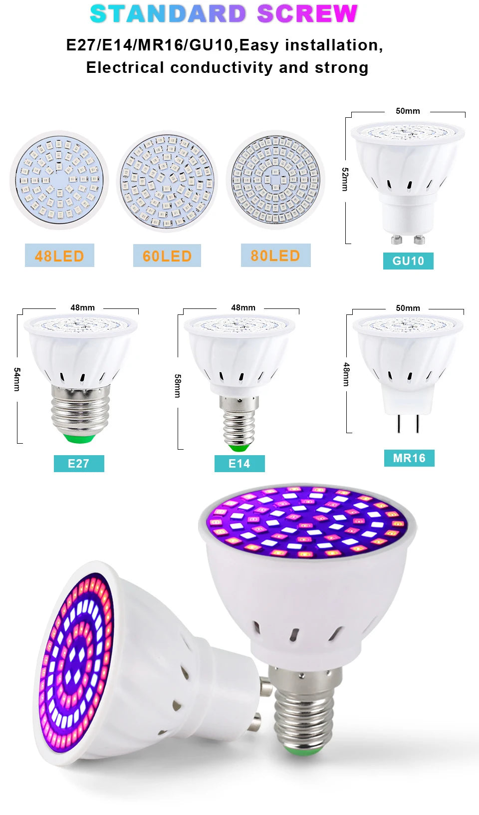 2pcs/lot LED Grow Light Bulb E27 E14 GU10 MR16 Full Spectrum Greenhouse Hydroponic Grow lamp...