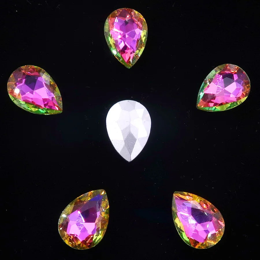Glass Crystal Water Drop Shape 3 Sizes Rainbow & Jelly Candy AB Colors Point Back Glue On Rhinestone Beads Applique DIY Trim