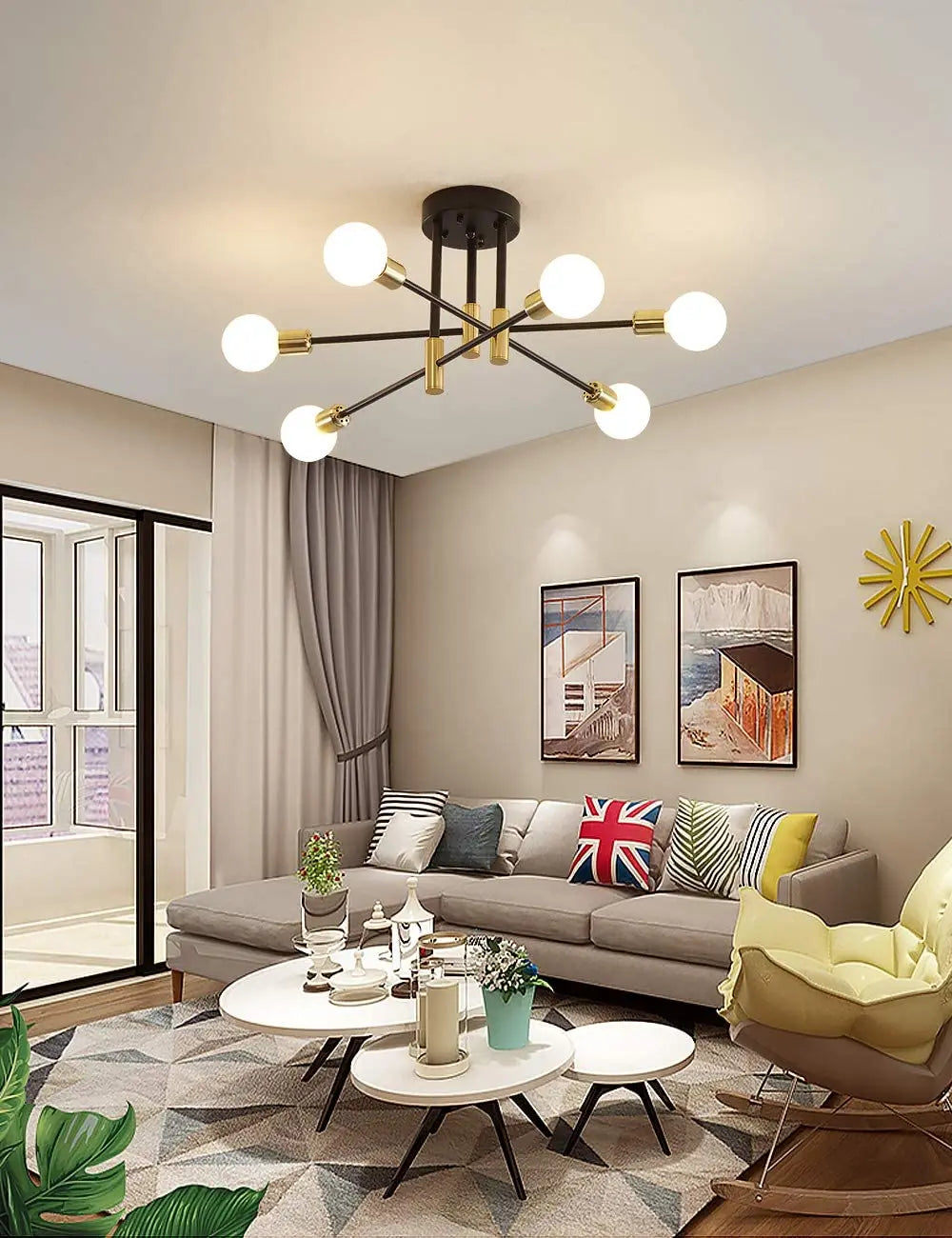 Dropshipping Modern Sputnik Chandelier Nordic Semi Flush Mount Ceiling Lamp Brushed Antique Gold Home Decor Lighting Fixture