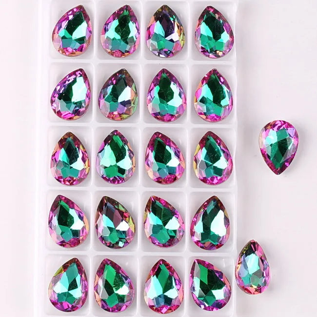 Glass Crystal Water Drop Shape 3 Sizes Rainbow & Jelly Candy AB Colors Point Back Glue On Rhinestone Beads Applique DIY Trim