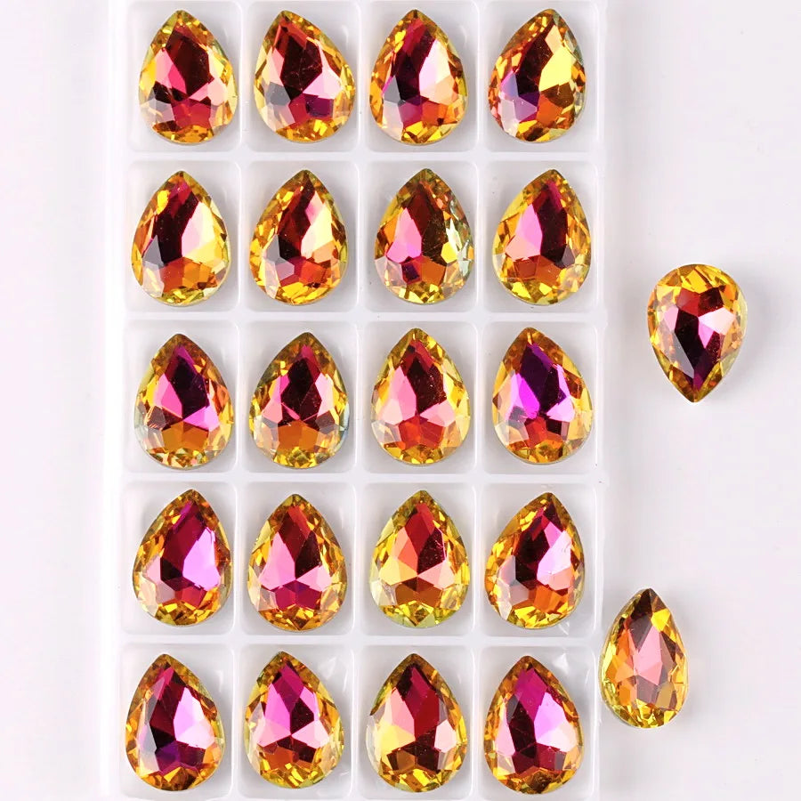 Glass Crystal Water Drop Shape 3 Sizes Rainbow & Jelly Candy AB Colors Point Back Glue On Rhinestone Beads Applique DIY Trim