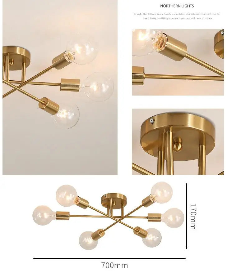 Dropshipping Modern Sputnik Chandelier Nordic Semi Flush Mount Ceiling Lamp Brushed Antique Gold Home Decor Lighting Fixture