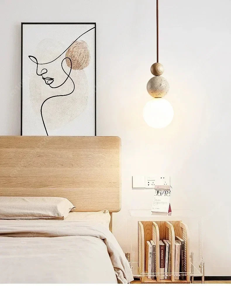 Luma Cream Style Yellow Travertine Pendant Lights, Nature Stone Wood Hanging Lamps for Bedroom Bedside Restaurant Kitchen Island