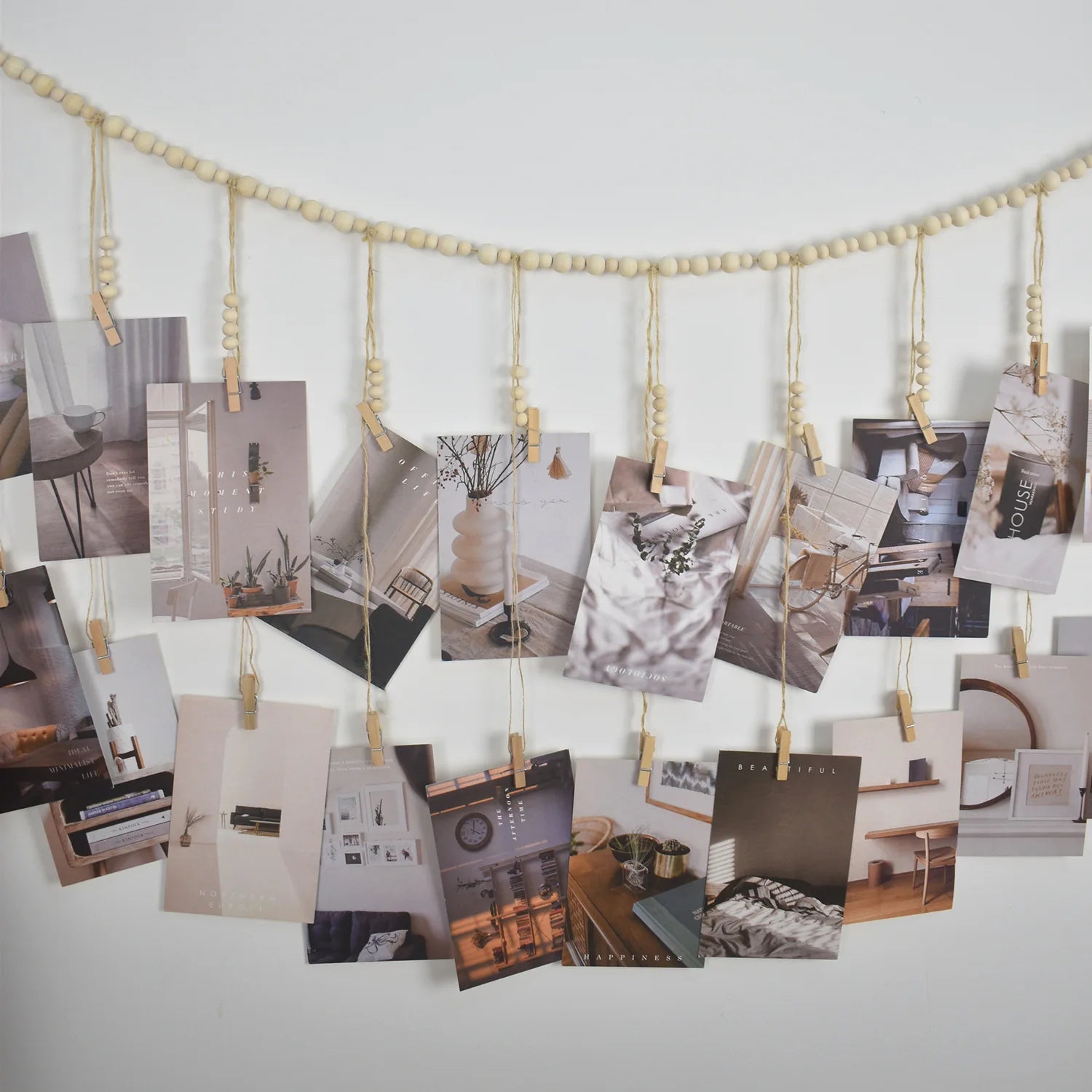 Hanging Photo Display Wooden Bead Garland Boho Wall Hanging for Bedroom Living Room Dorm Party Decor Teen Girl Gifts
