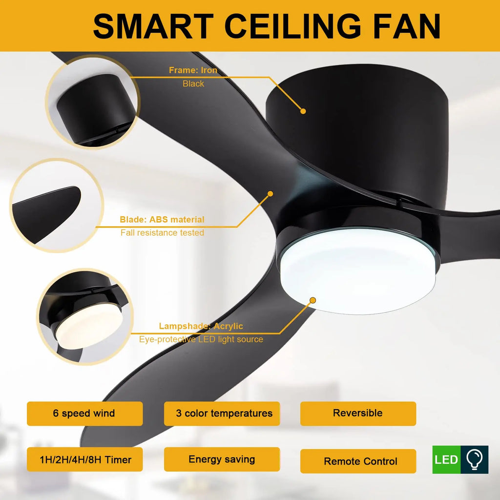 IRALAN Low Floor 52inch Ceiling Fan Modern Bedroom LED Fan Light Dining Living Room Ceiling Lamp ...