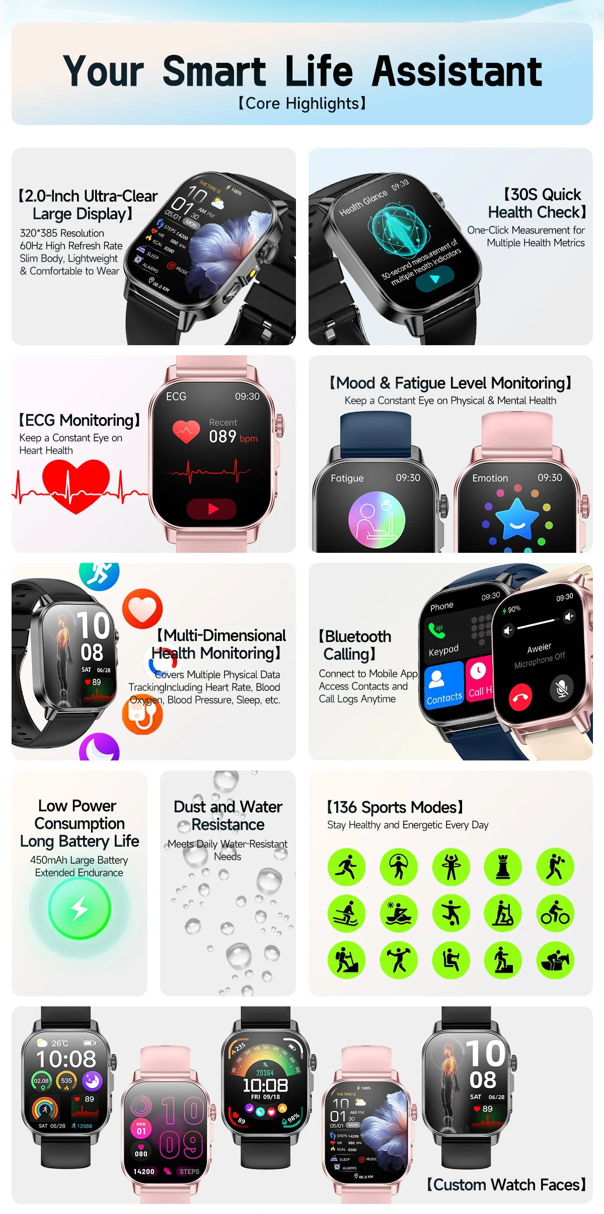 2026 Fashion Health Smart Watch Women 2.0"AMOLED ECG Physical Examination Fat Uric Acid Heart Rate BT Call Smartwatch For Ladies