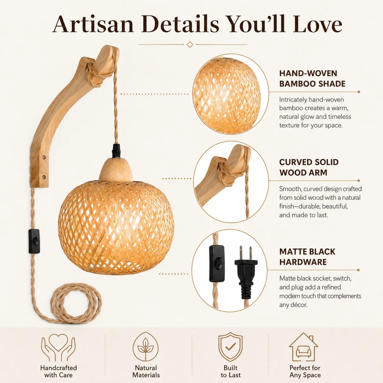 JOYINLED Bamboo Light Plug-In Wall Lamp Wicker with American Plug-In Cord Hand-Woven Rattan Wall Lamp Wall Lamp for Living Room