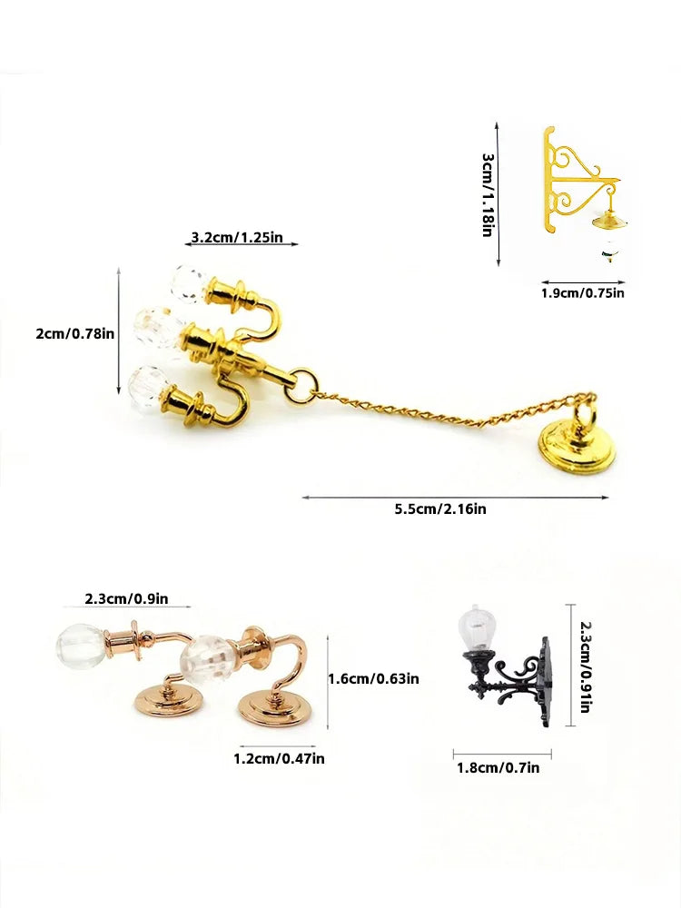 Dollhouse Mini Crystal Lighting 1:12, Metal Chandelier & Wall Sconces, Living/Bedroom/Kitchen Decor, Fit All Festive Holidays