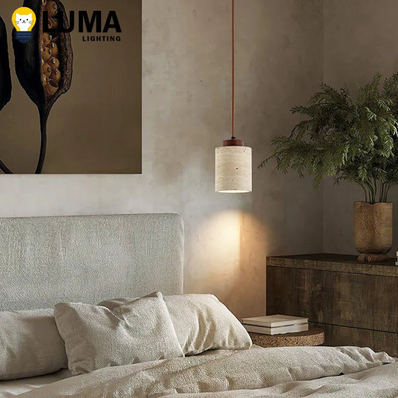 Japanese Wabi-Sabi Stone Pendant Light, LED Yellow Travertine Hanging Lamp for Bedroom Bedside Kitchen Island Dining Room Decor