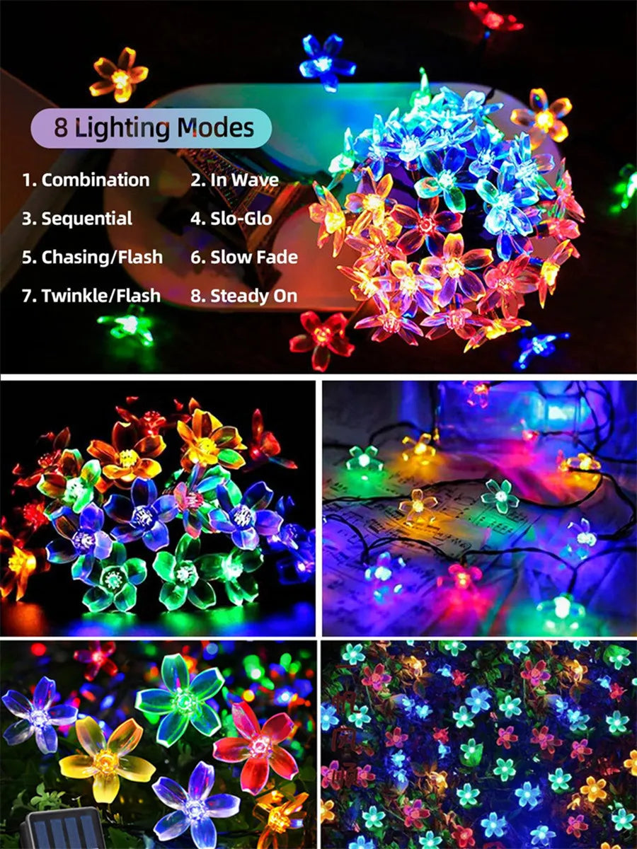 LED Solar String Lights Cherry Blossom Garland Lights Outdoor Solar Garden Patio Decor Lights Christmas Wedding Party Decoration