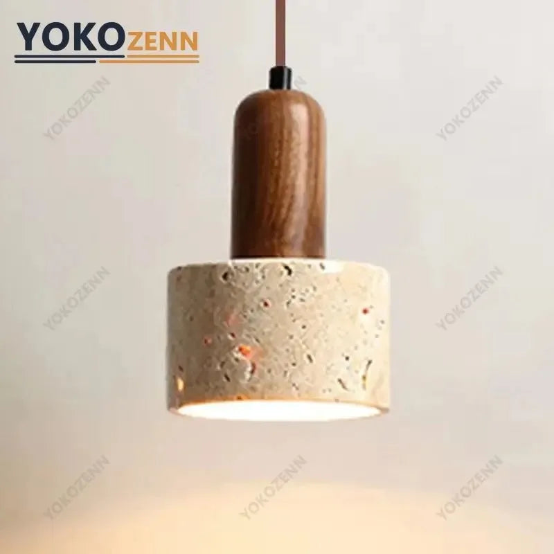 YOKO Wabi-Sabi Yellow Travertine Pendant Light, Japanese Cave Stone for Kitchen Island Restaurant Bedroom Bedside Home Decor
