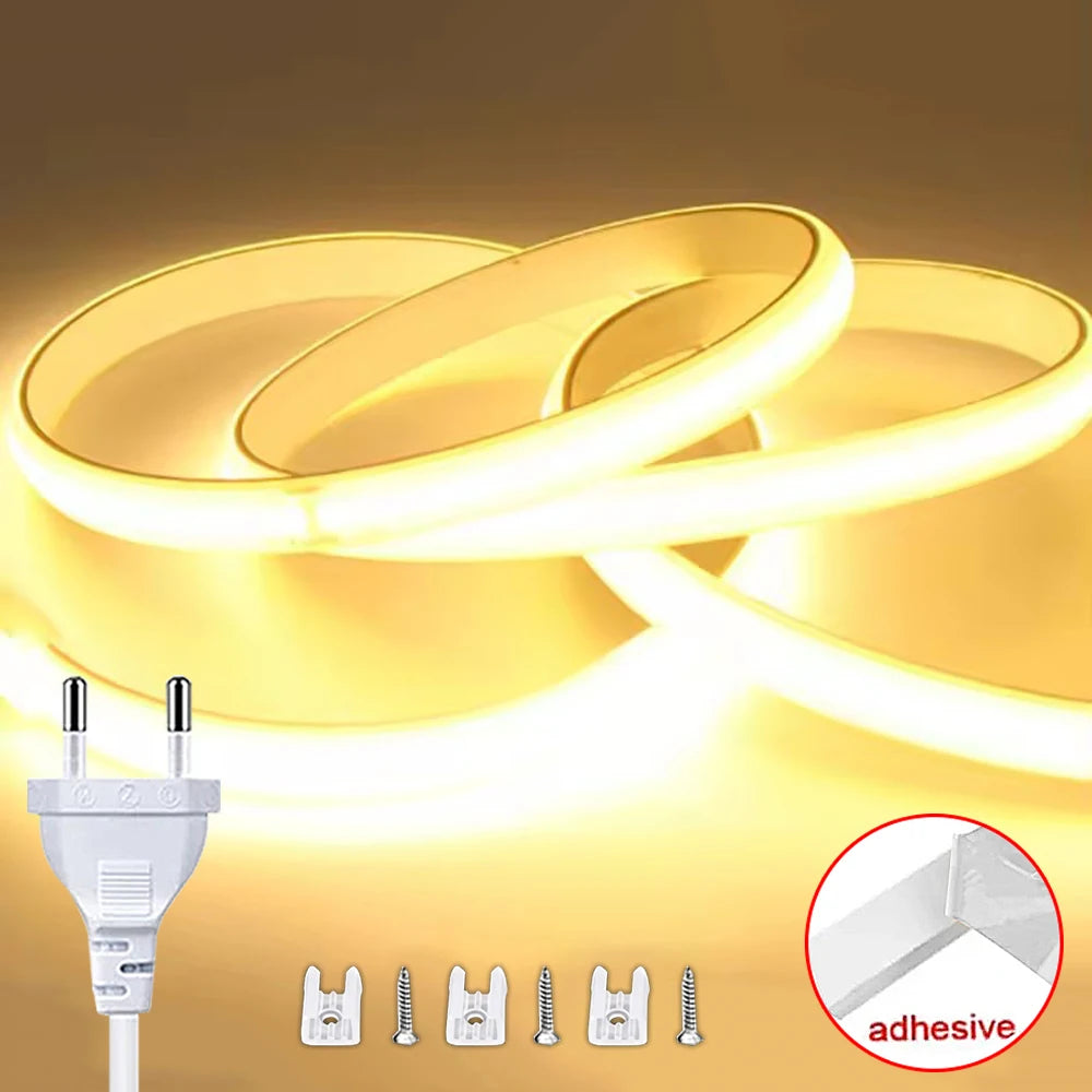 COB Led Strip High Brightness With EU Power LED Strip Waterproof Flexible Ribbon Tape for Be...