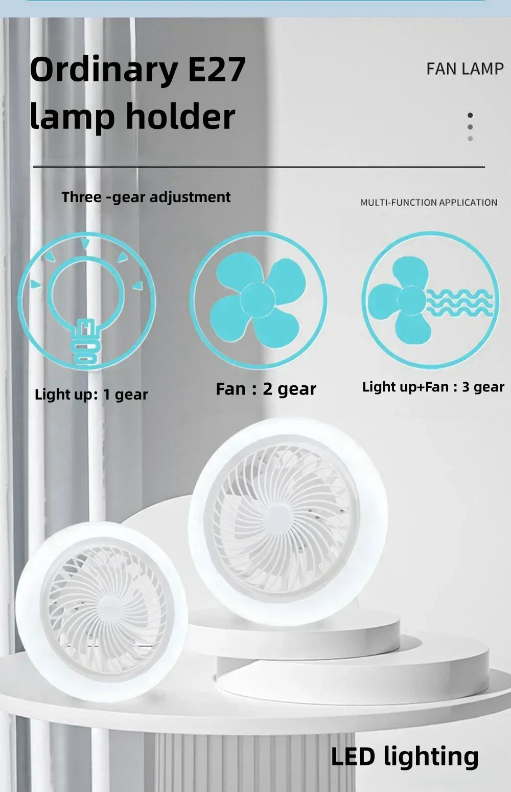 Smart 3-in-1 Ceiling Fan with Remote Control and 3-Speed E27 Lighting Base for Bedroom and Living...